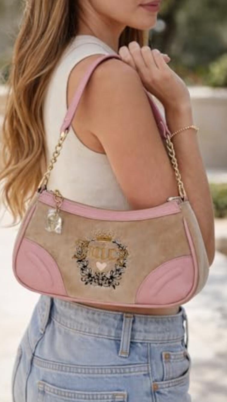 5895)Juicy Couture Velour Heritage Cafe Beige & Pink Colorway Shoulder Bag